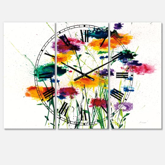 Designart Indigo, Green & Yellow Watercolor Traditional 3 Panel Wall Clock